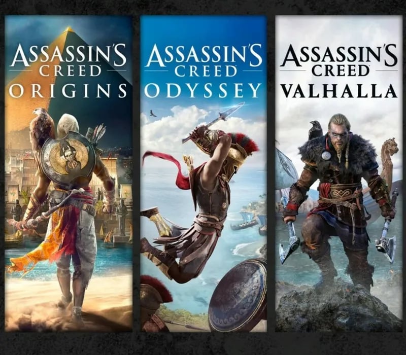Okładka gry ASSASSIN'S CREED BUNDLE: VALHALLA, ODYSSEY, ORIGINS Xbox One & Series X/S